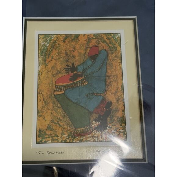 PAUL NZALAMBA Signed THE DRUMMER African Black Exotic Vibrant Art Print 8X10 Mat - Picture 2 of 3